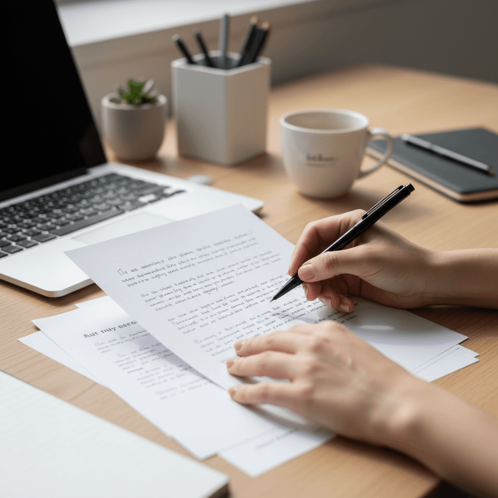 مستندات عمل احترافية على مكتب مع إضاءة دافئة