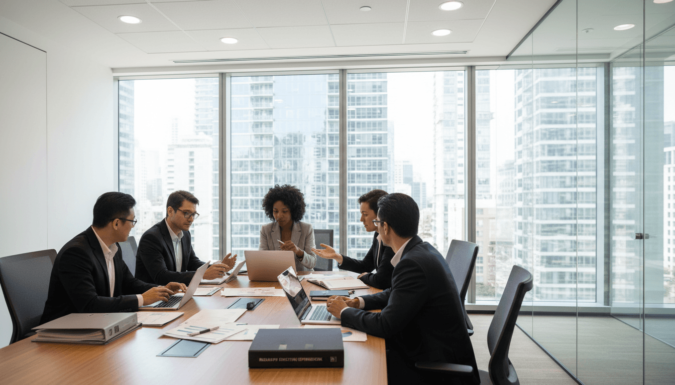فريق عمل احترافي يناقش الحلول التجارية في مكتب حديث