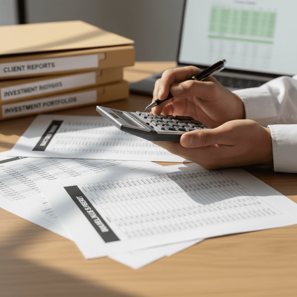 Accountant's hands reviewing financial statements and balance sheets at a professional desktop workspace with calculator and documents