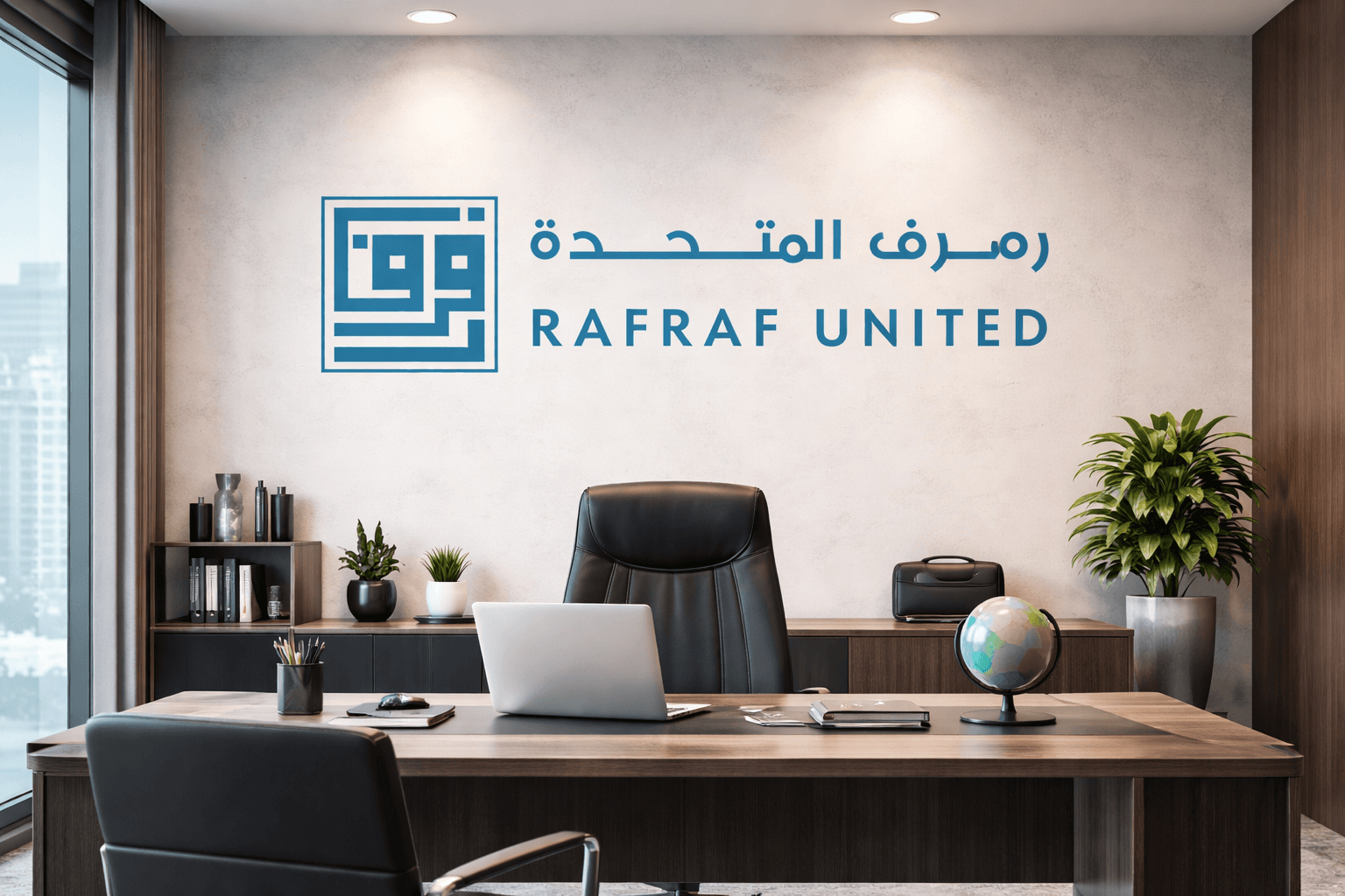 مكتب عصري يحتوي على طاولة عمل وحاسوب محمول مع شعار رفرف المتحدة على الجدار.