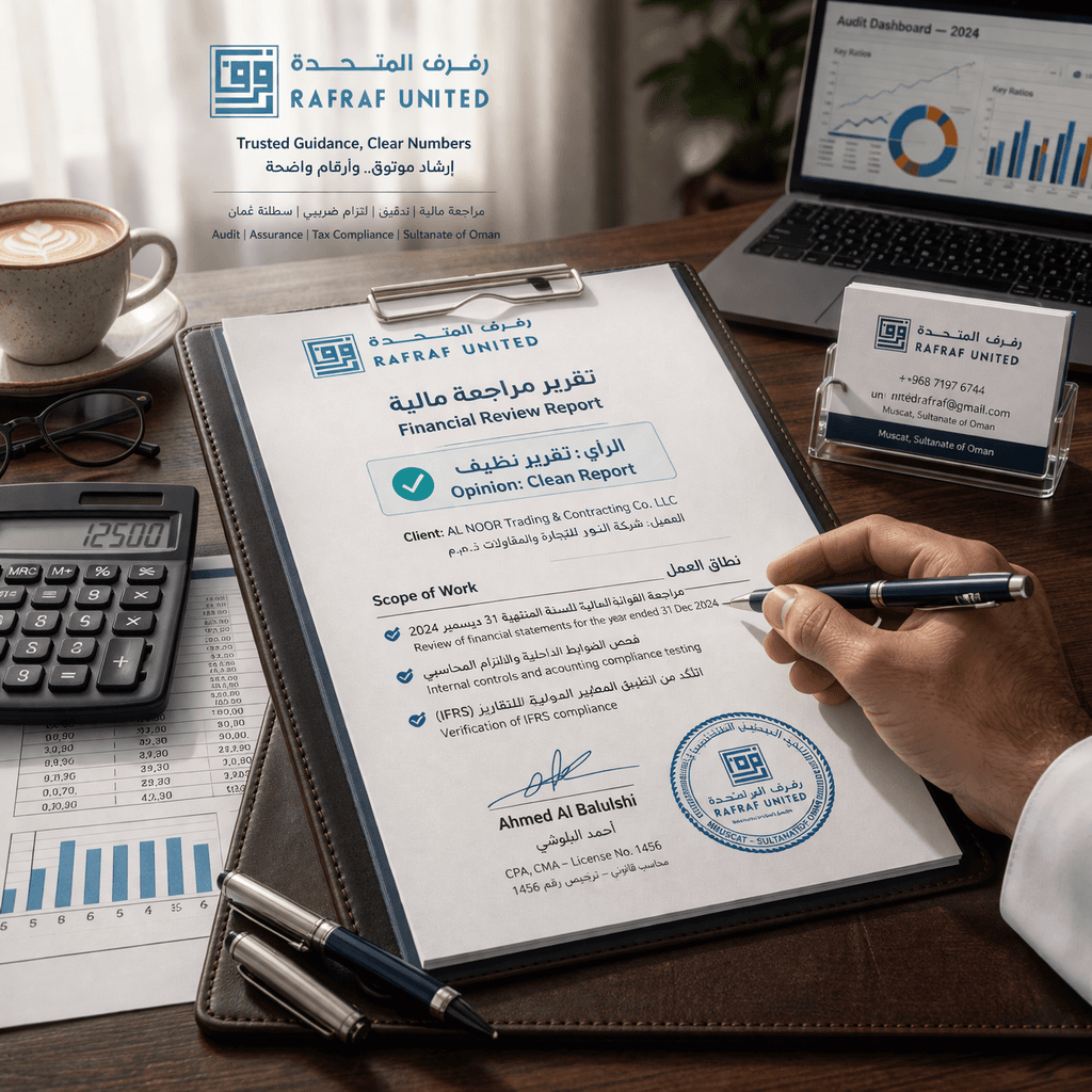 تقرير مراجعة مالية لشركة رفرف المتحدة على مكتب يضم آلة حاسبة ولابتوب وأدوات مكتبية.