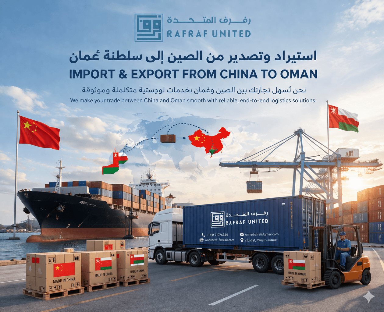 سفينة شحن وشاحنة وصناديق بضائع لشركة رفرف المتحدة توضح خدمات الاستيراد والتصدير بين الصين وعمان.
