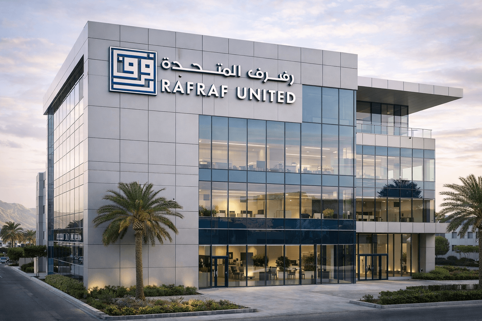 مبنى شركة رفرف المتحدة الحديث بواجهة زجاجية ورمادية مع أشجار النخيل تحت سماء الغروب.