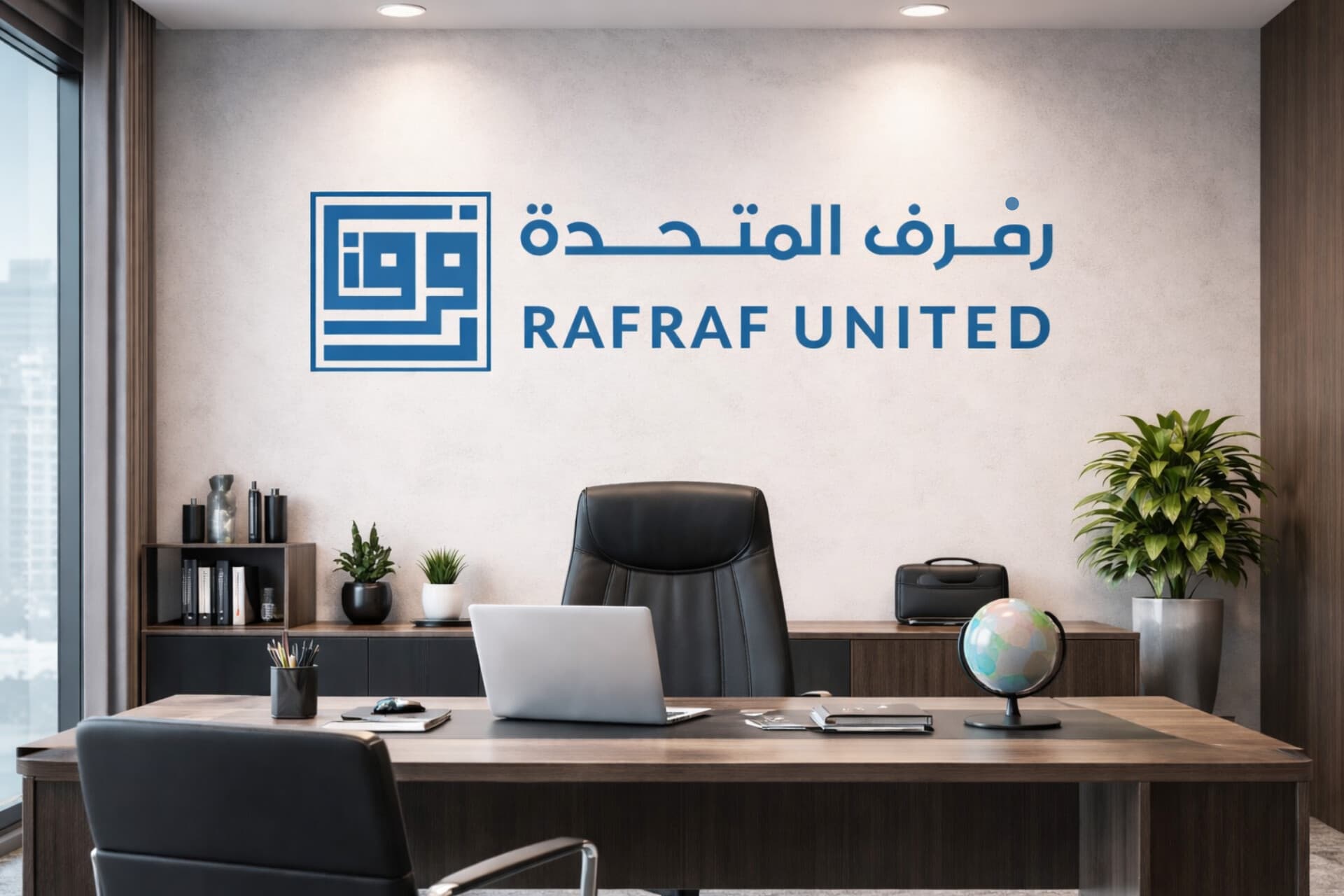 شعار "رفرف المتحدة" باللون الأزرق على جدار مكتب عصري يحتوي على حاسوب محمول ونباتات زينة.