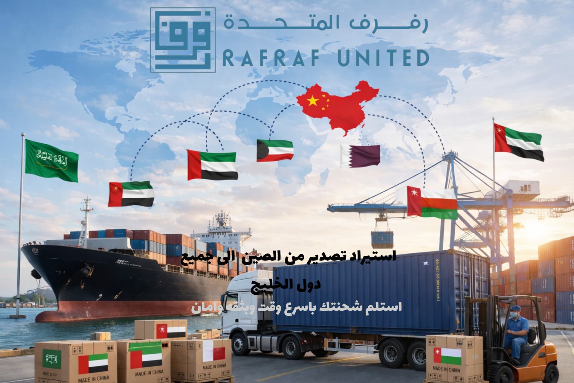 سفينة شحن وشاحنة في ميناء، تربط الصين بدول الخليج العربي عبر خدمات لوجستية متكاملة.