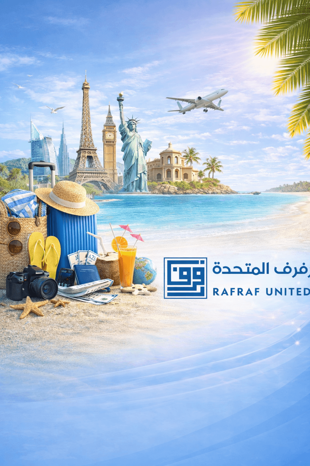 معالم سياحية عالمية وطائرة فوق شاطئ مع حقائب سفر ومعدات تصوير لشركة رفرف المتحدة.