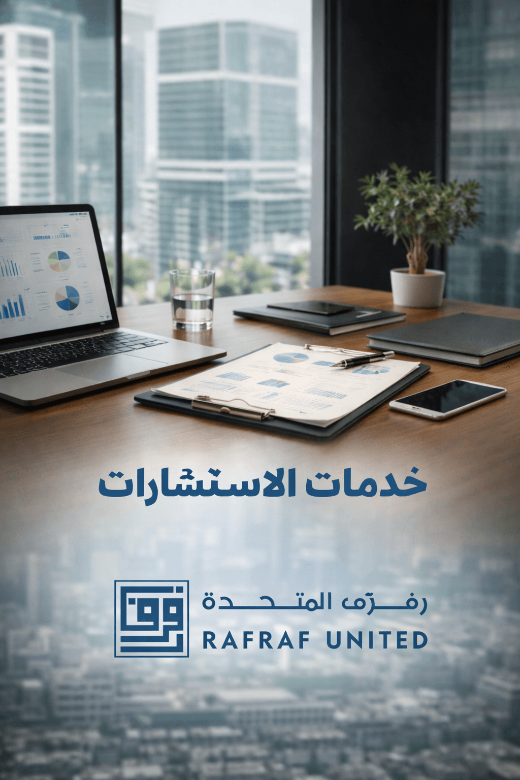 مكتب عمل عصري يضم حاسوباً وتقارير بيانية مع شعار رفرف المتحدة لتقديم خدمات الاستشارات.