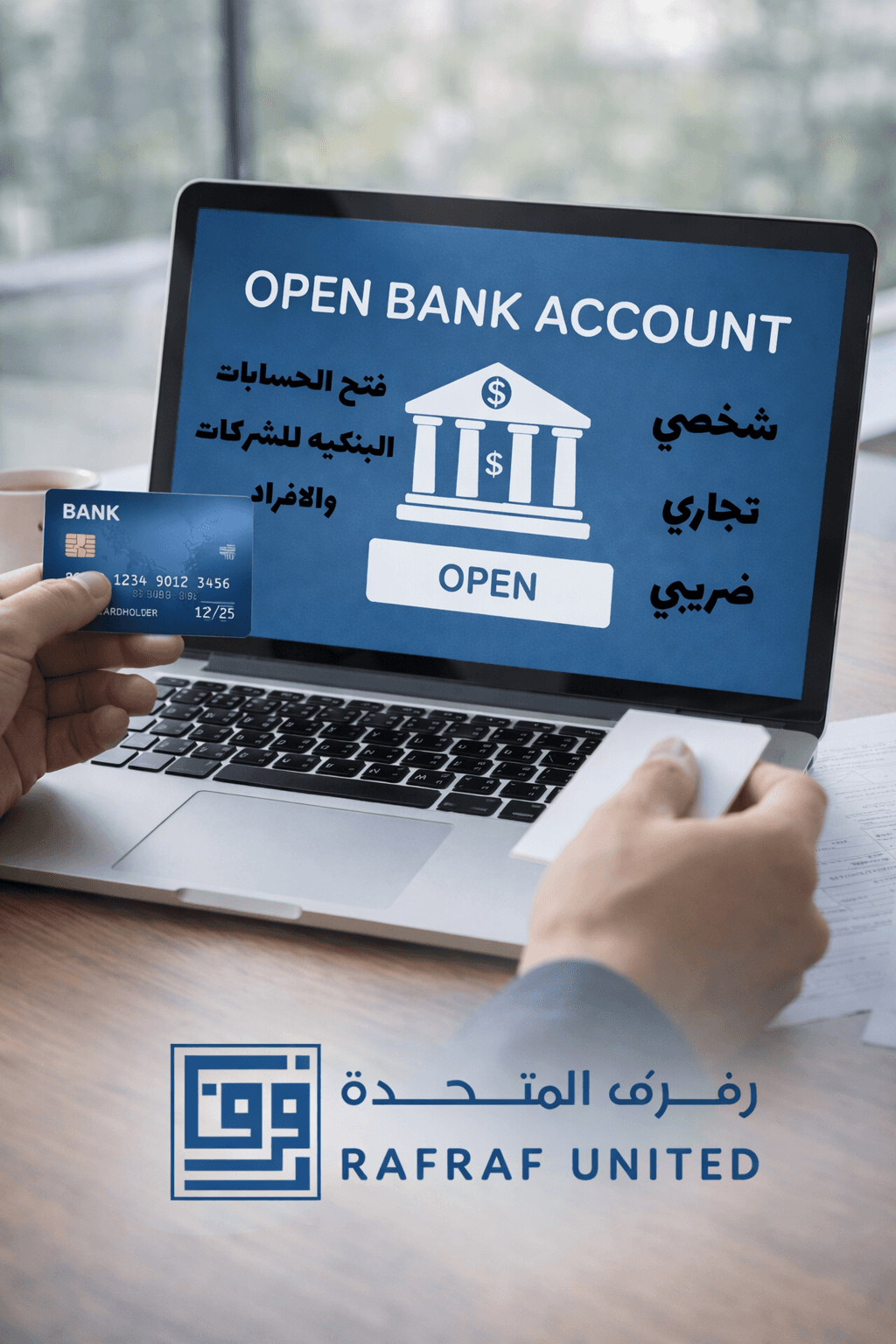 يد تحمل بطاقة بنكية أمام شاشة كمبيوتر تعرض خيارات فتح حساب لشركة رفرف المتحدة.