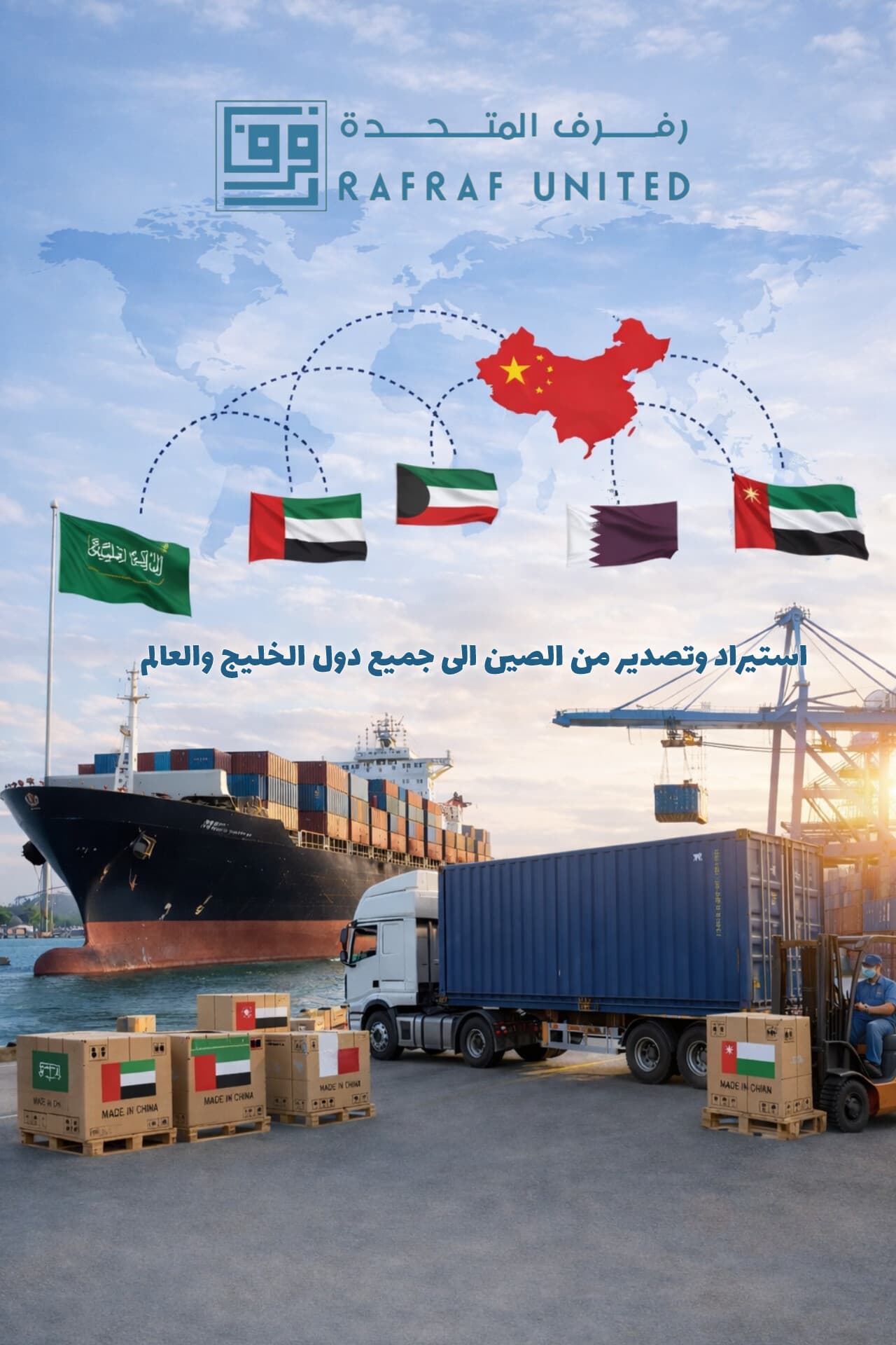 سفينة شحن وشاحنة بضائع توضح خدمات الاستيراد والتصدير من الصين إلى دول الخليج العربي.
