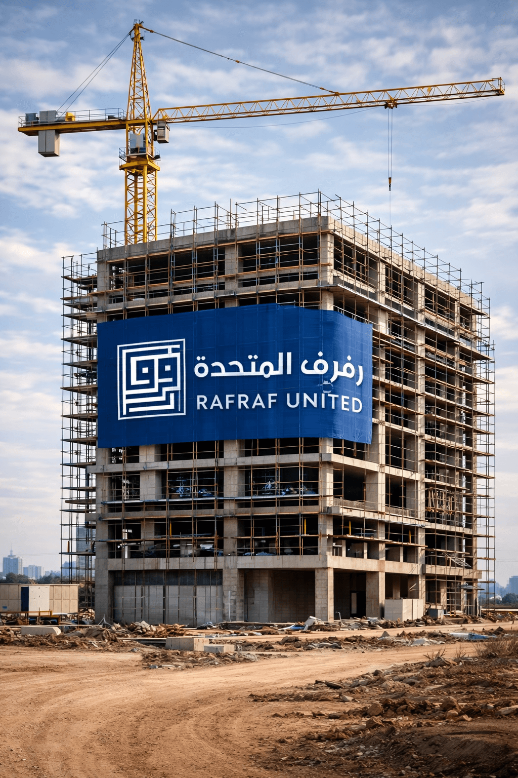 مبنى قيد الإنشاء مع رافعة صفراء ولافتة زرقاء كبيرة تحمل شعار شركة رفرف المتحدة.