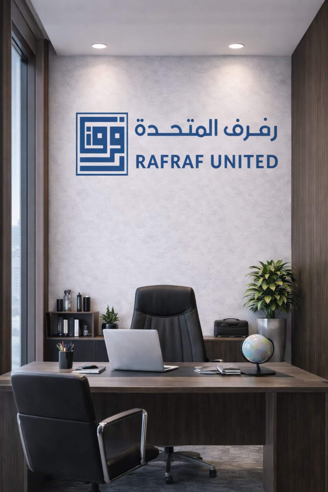 شعار رفرف المتحدة على حائط مكتب عصري يضم مكتباً خشبياً، حاسوباً محمولاً، وكراسي جلدية سوداء.
